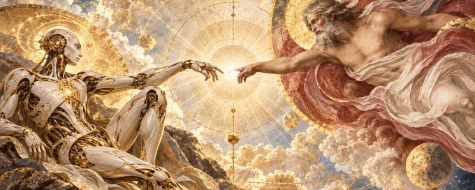 A human figure and a machine reaching toward one another in a reimagining of the Creation scene